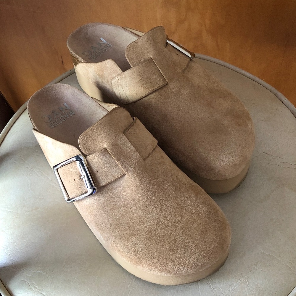 Tan Suede Platform Clogs with Silver Buckle
